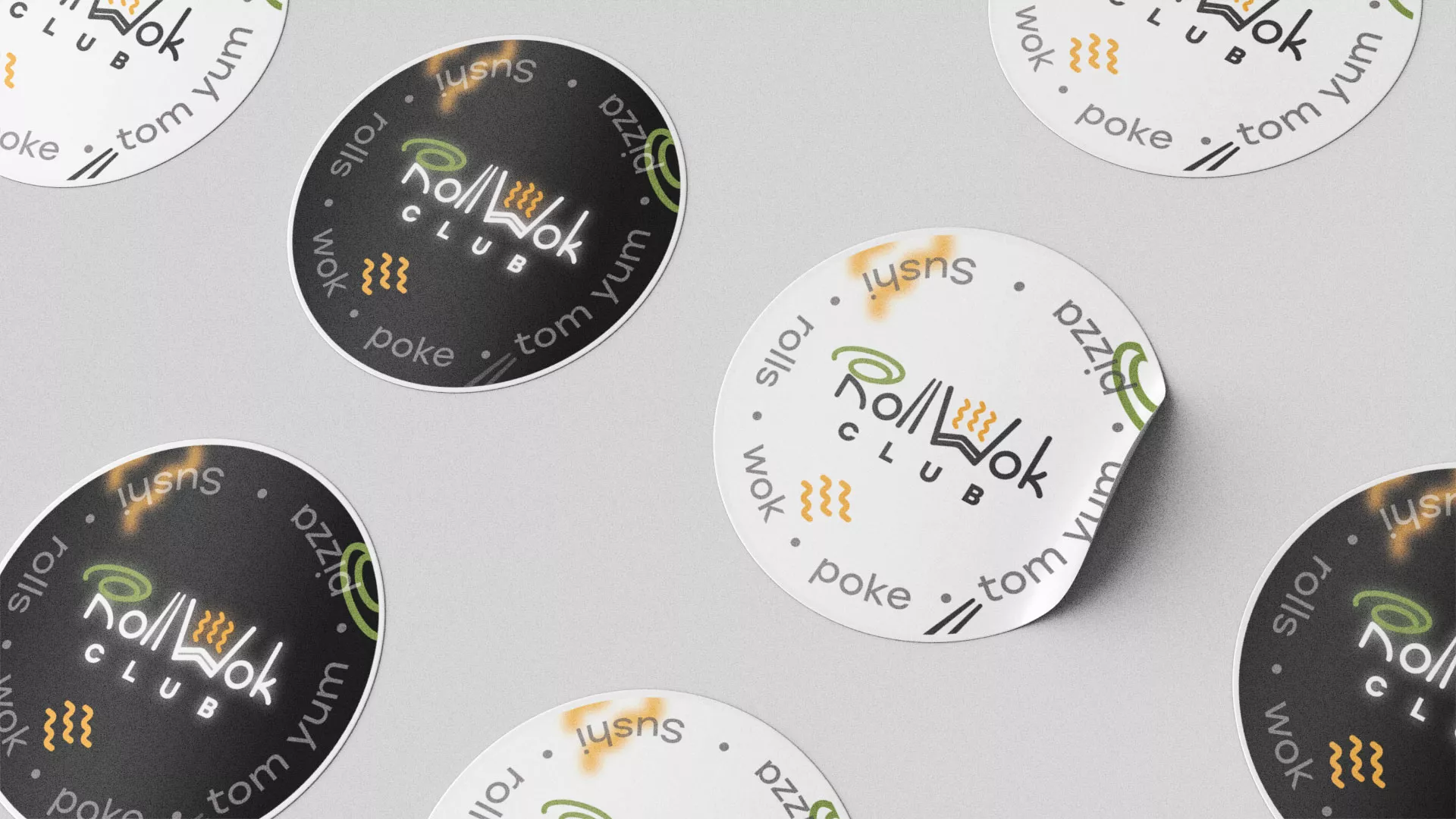 Разработка наклеек для суши-бара «Roll Wok Club» в Макарове